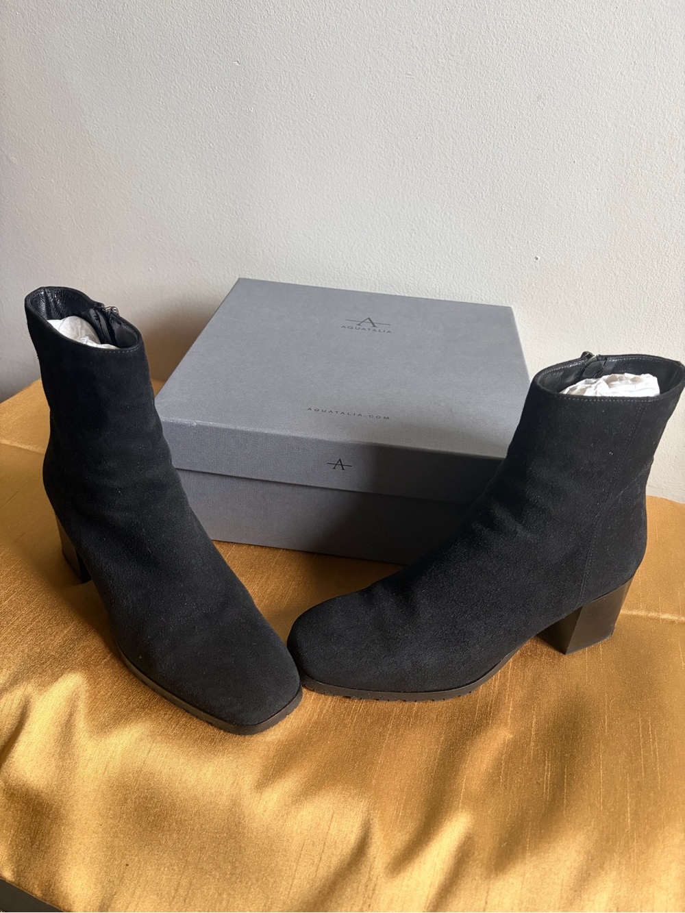 Aquatalia Black Suede Ankle Booties with Block Heel